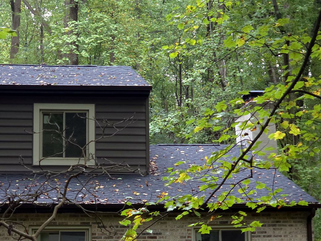 New dark shingle roof and dark gray siding on a two story home in the woods